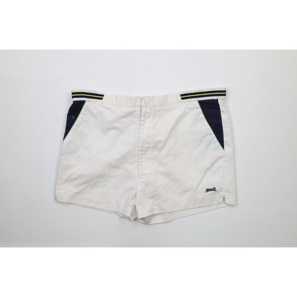 Vintage 80s Le Tigre Mens 34 Distressed Striped Above Knee Tennis Shorts White
